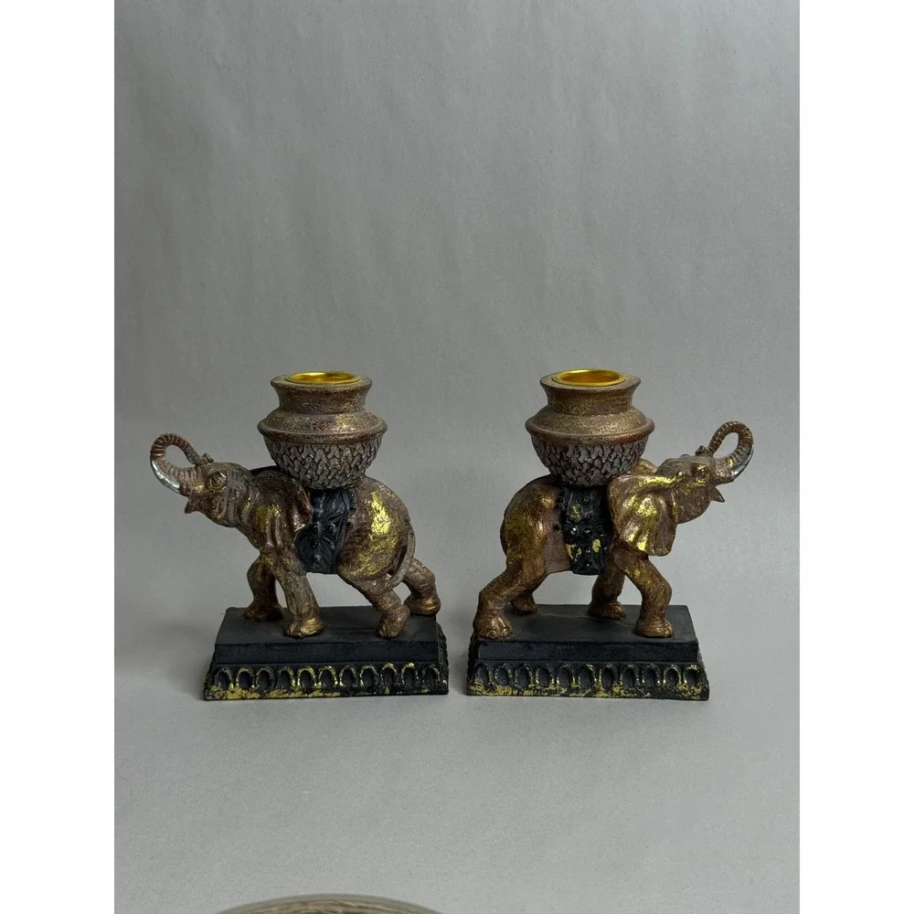 Vintage Elephant Candlestick Holders Pair Ornate Gold Black‎ Resin